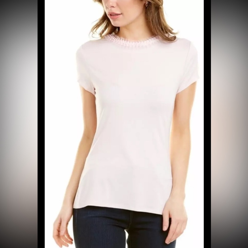 TED BAKER Tee Shirt Jacii Ribbon Ruffle Grosgrain Blush Pink Top Stretch